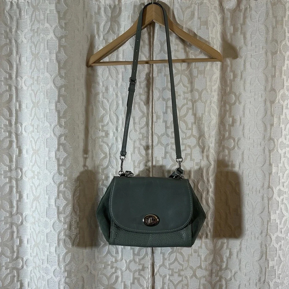 COACH Suede & Leather FAYE Mixed Material Satchel Carryall Leaf Teal Blue #22348